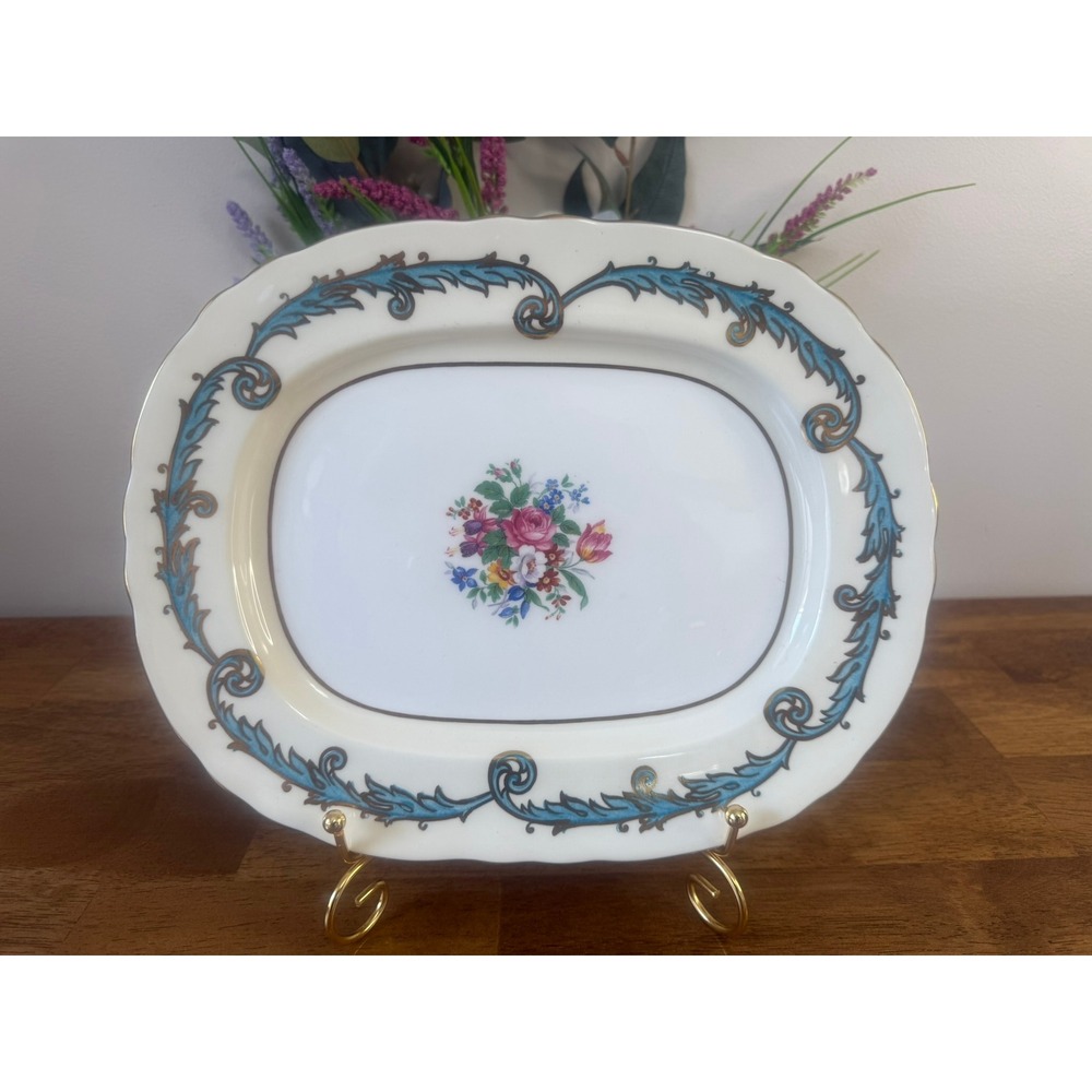 Aynsley England Bone China Serving Platter Blue Scroll Floral Centre Gold Decor